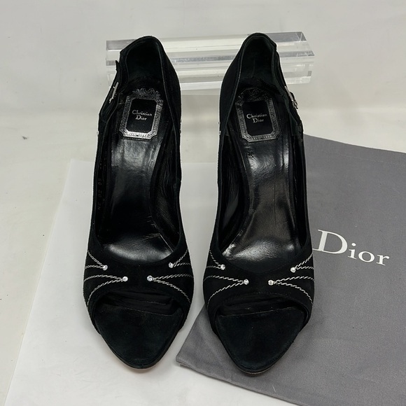 Dior Sz 39.5 Suede Embroidered Folles Peep Toe Pumps Heels - Picture 3 of 14